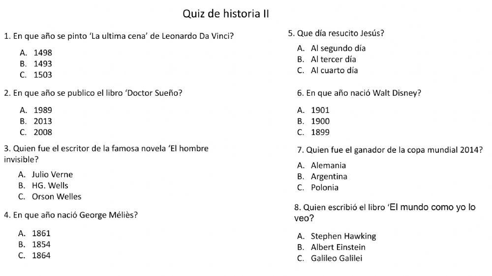 Quiz de historia worksheet